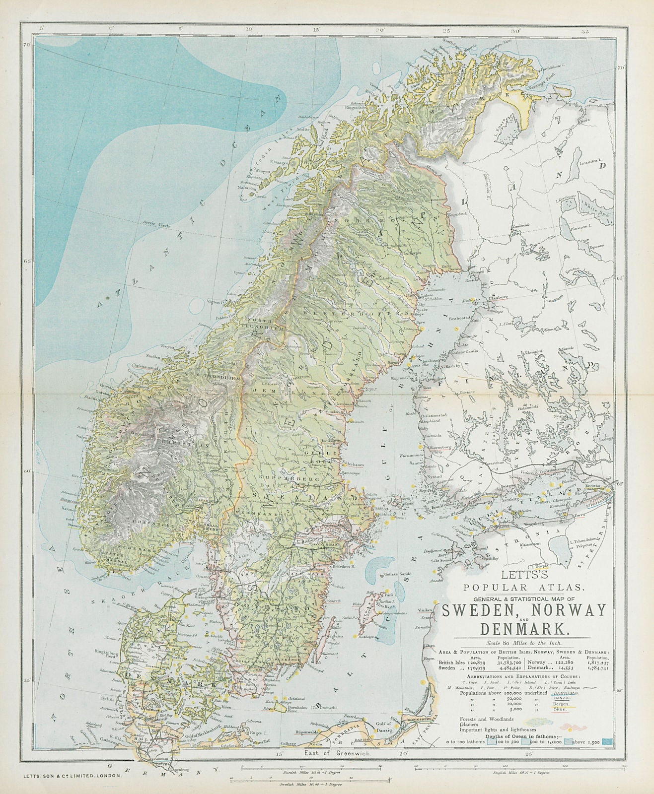 SCANDINAVIA Sweden Norway Denmark Baltic. Lighthouses. Glaciers. LETTS 1883 map